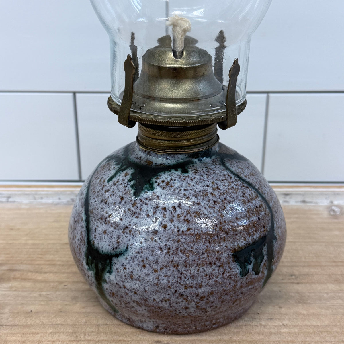 Stoneware Oil Lamp with Chimney Rustic Cottage Decor