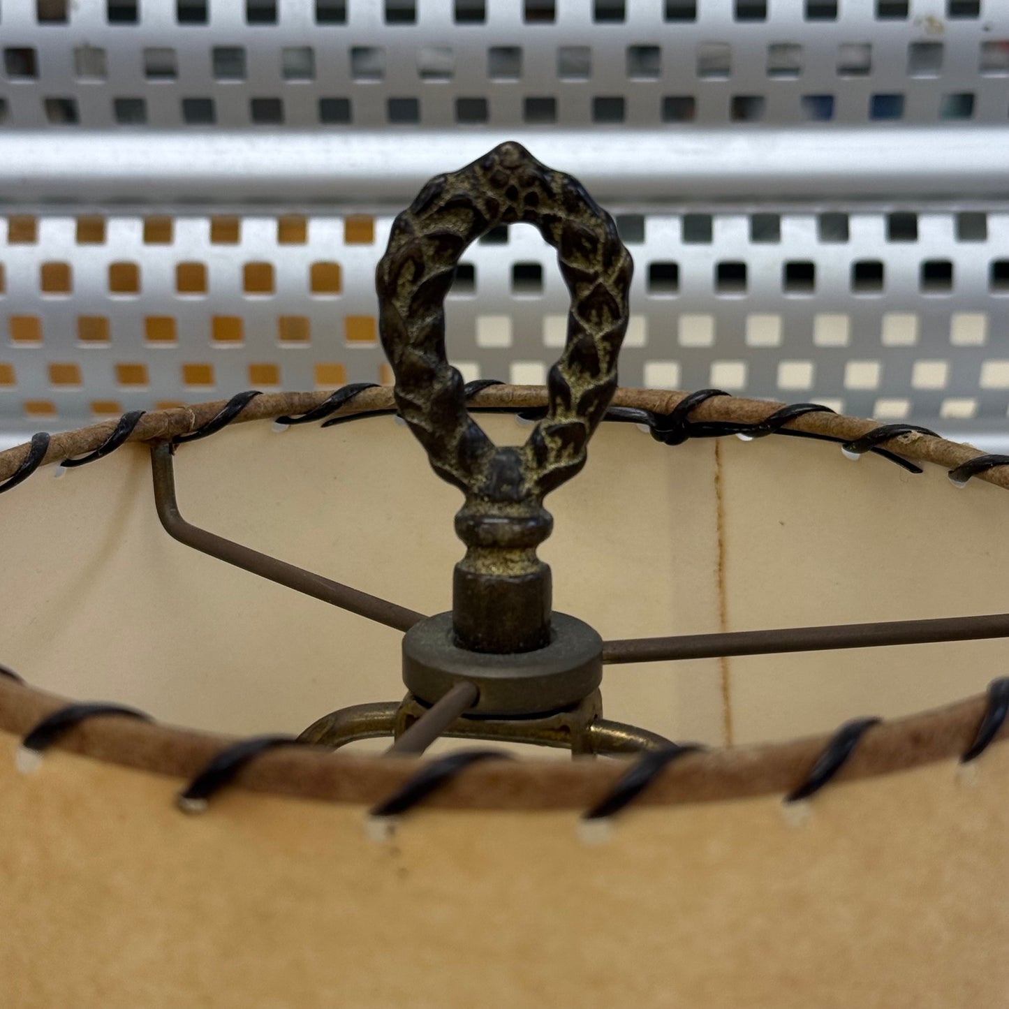 Vintage Kettle Table Lamp with Whipstitch Shade