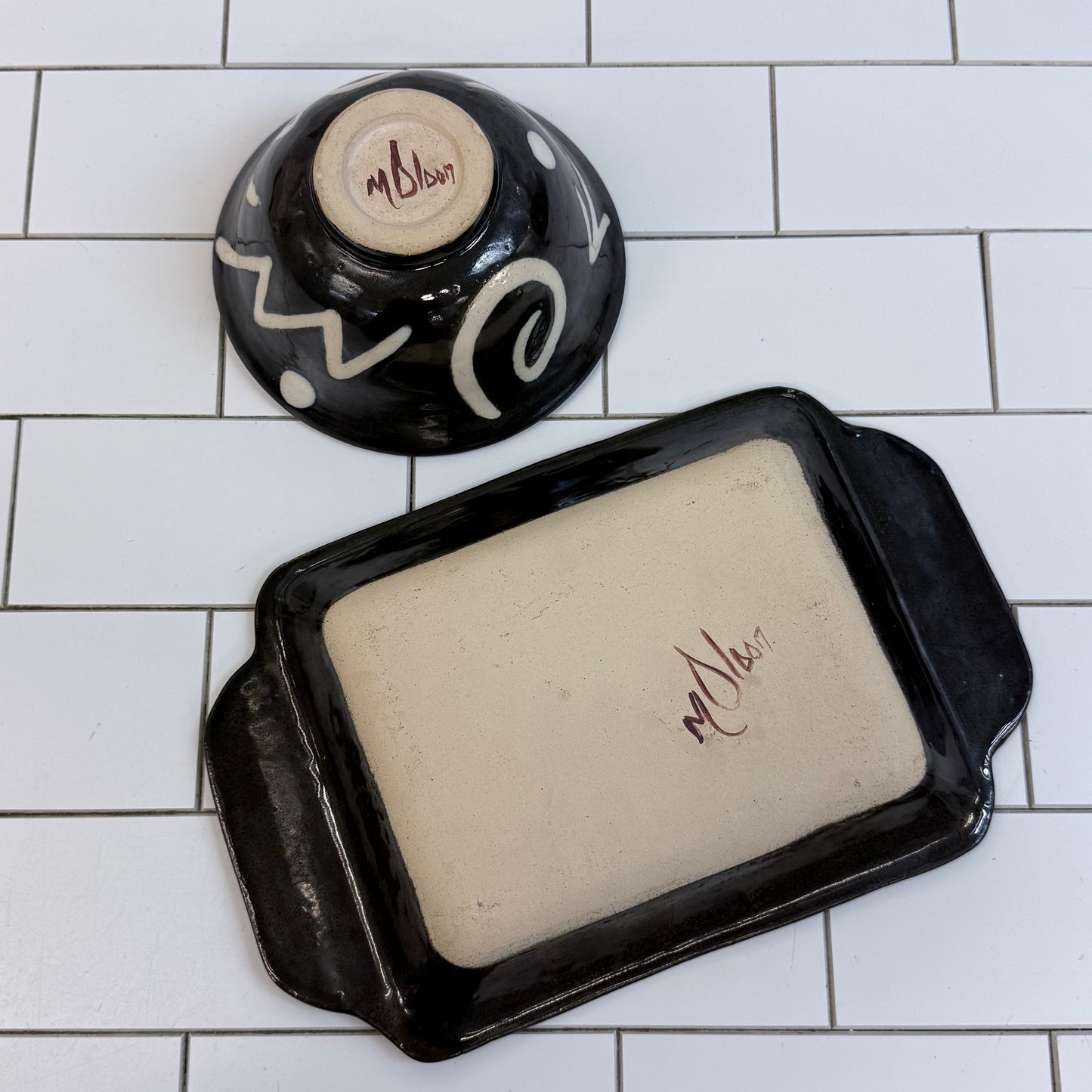 Studio Art Pottery Bowl & Handled Tray Set Signed