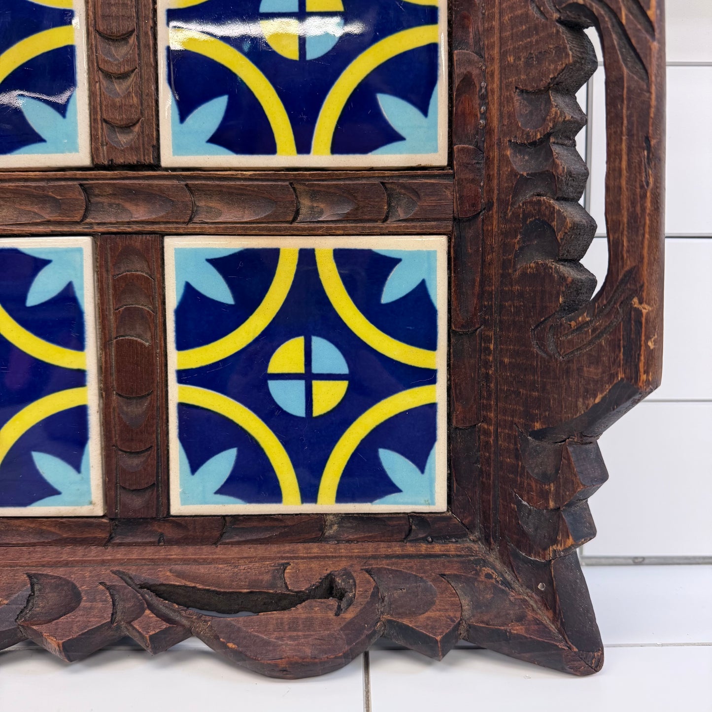 Carved Wood Ceramic Tile Serving Tray Vintage 20”