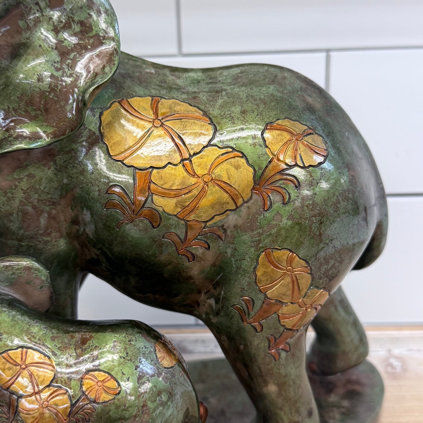 Mother Elephant Calf Figurine Faux Bronze Floral Statue