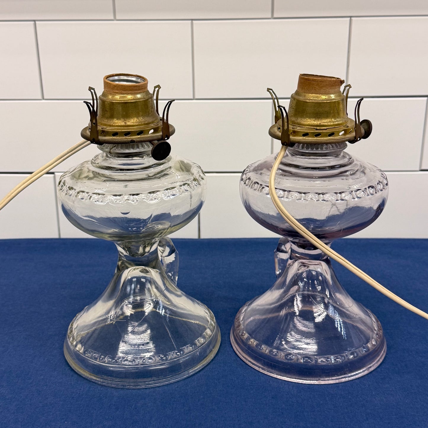 Electrified Glass Oil Finger Lamps with Chimneys Shades Set of 2