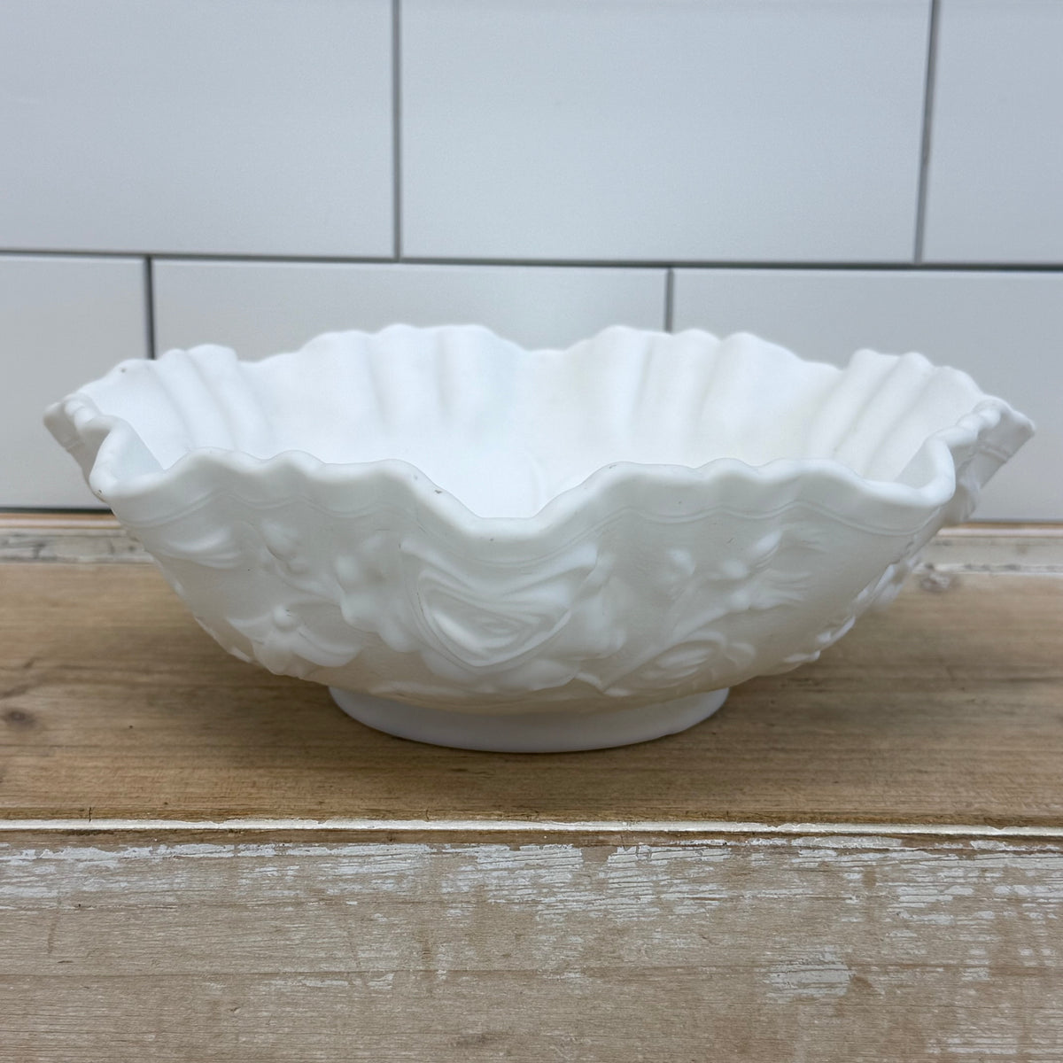 White Milk Glass Rose Bowl with Ruffled Rim