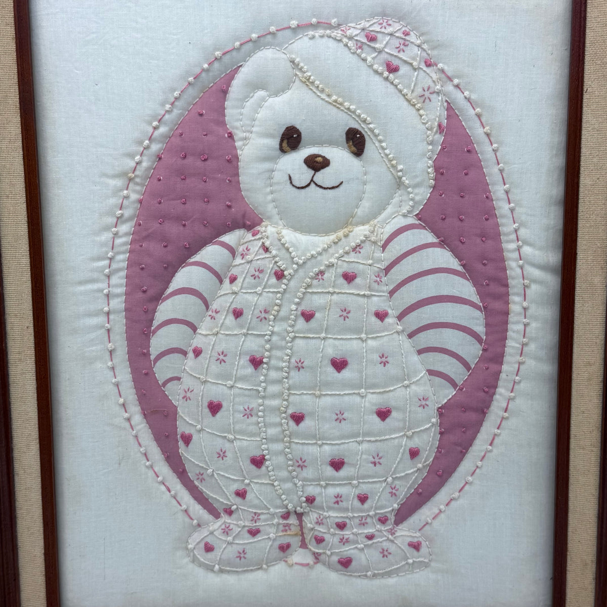 Teddy Bear Embroidery Pink Pajamas Nursery Textile Wall Art