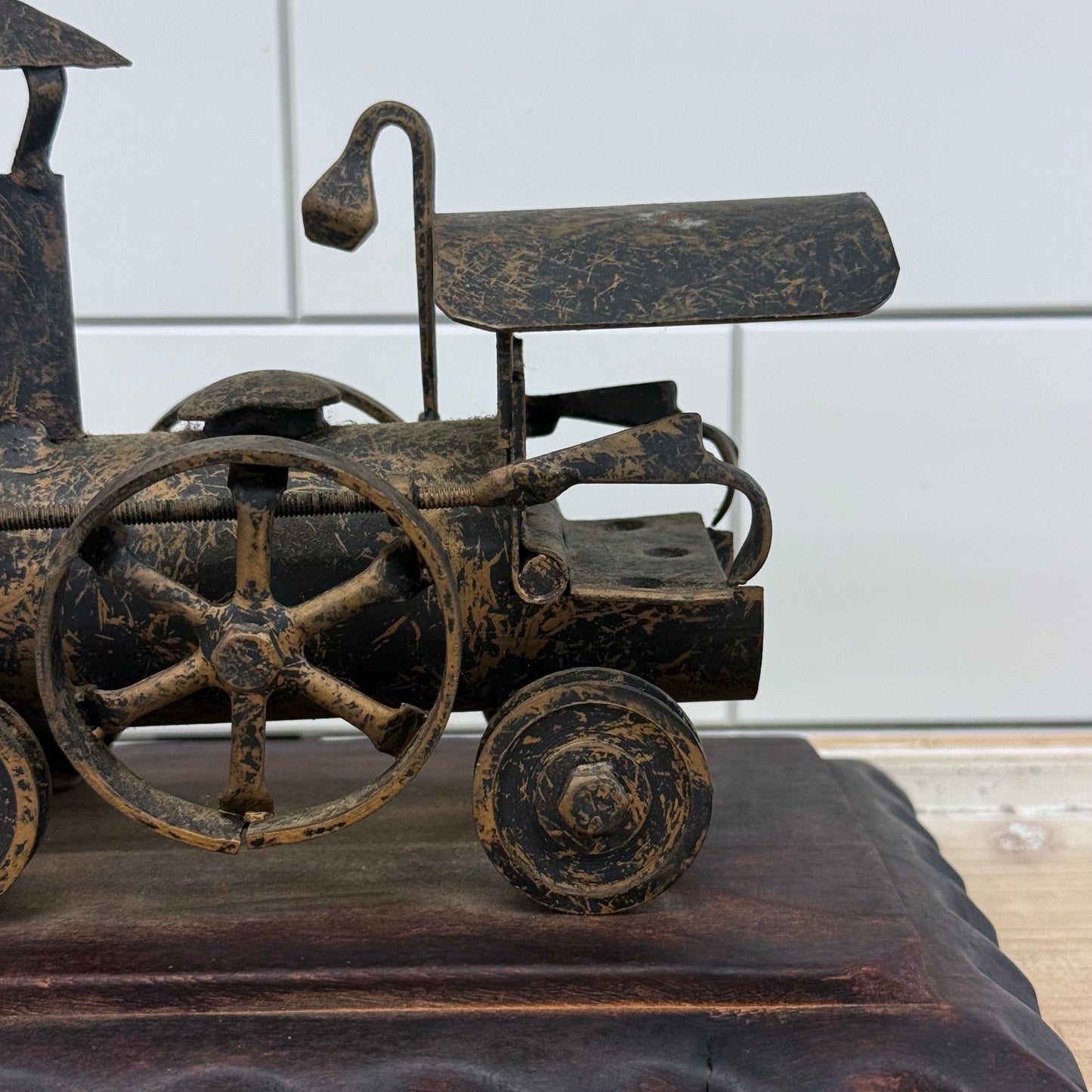 Steam Locomotive Metal Sculpture on Carved Wood Base