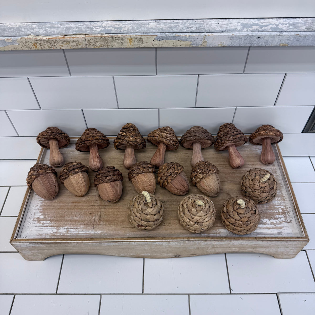 Rustic Trough Bowl & Woven Mushroom Acorn Pine Cones