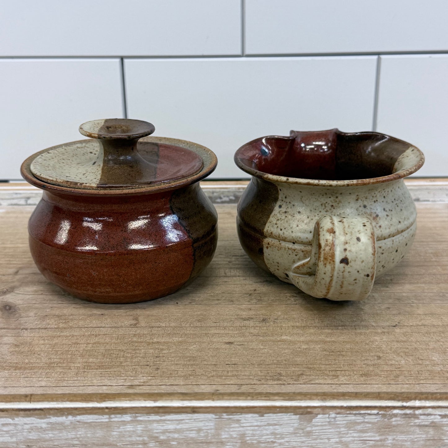Studio Pottery Stoneware Set Burgundy & Beige Lot of 4