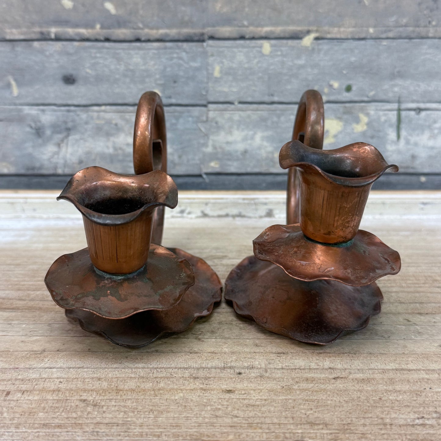 Gregorian Copper Arts & Crafts Candlestick Holders, Set of 2