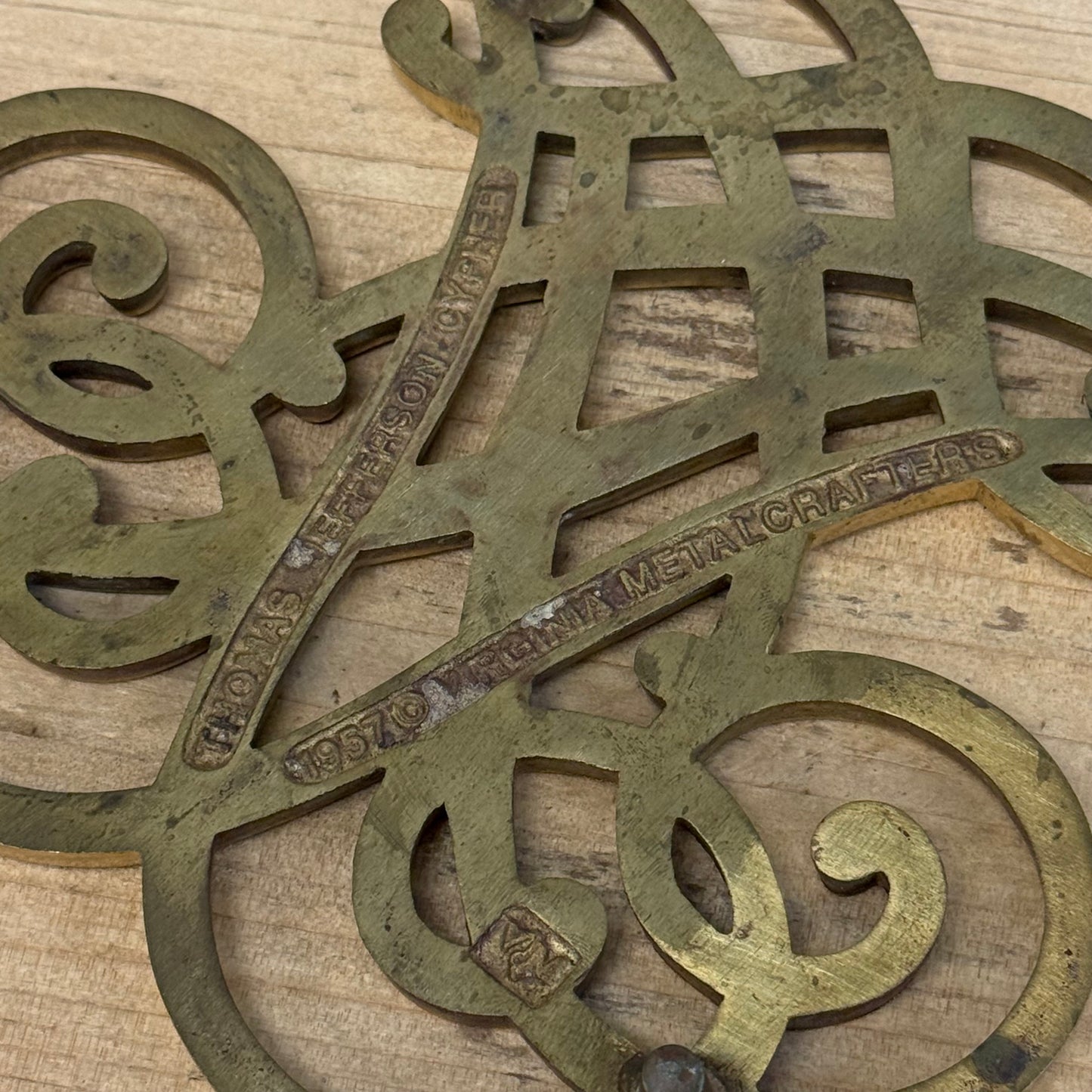Virginia Metalcrafters Thomas Jefferson Cypher Brass Trivet 1957