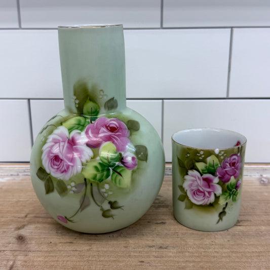 Lefton Heritage Green Rose Bedside Carafe & Cup 1950s-1960s