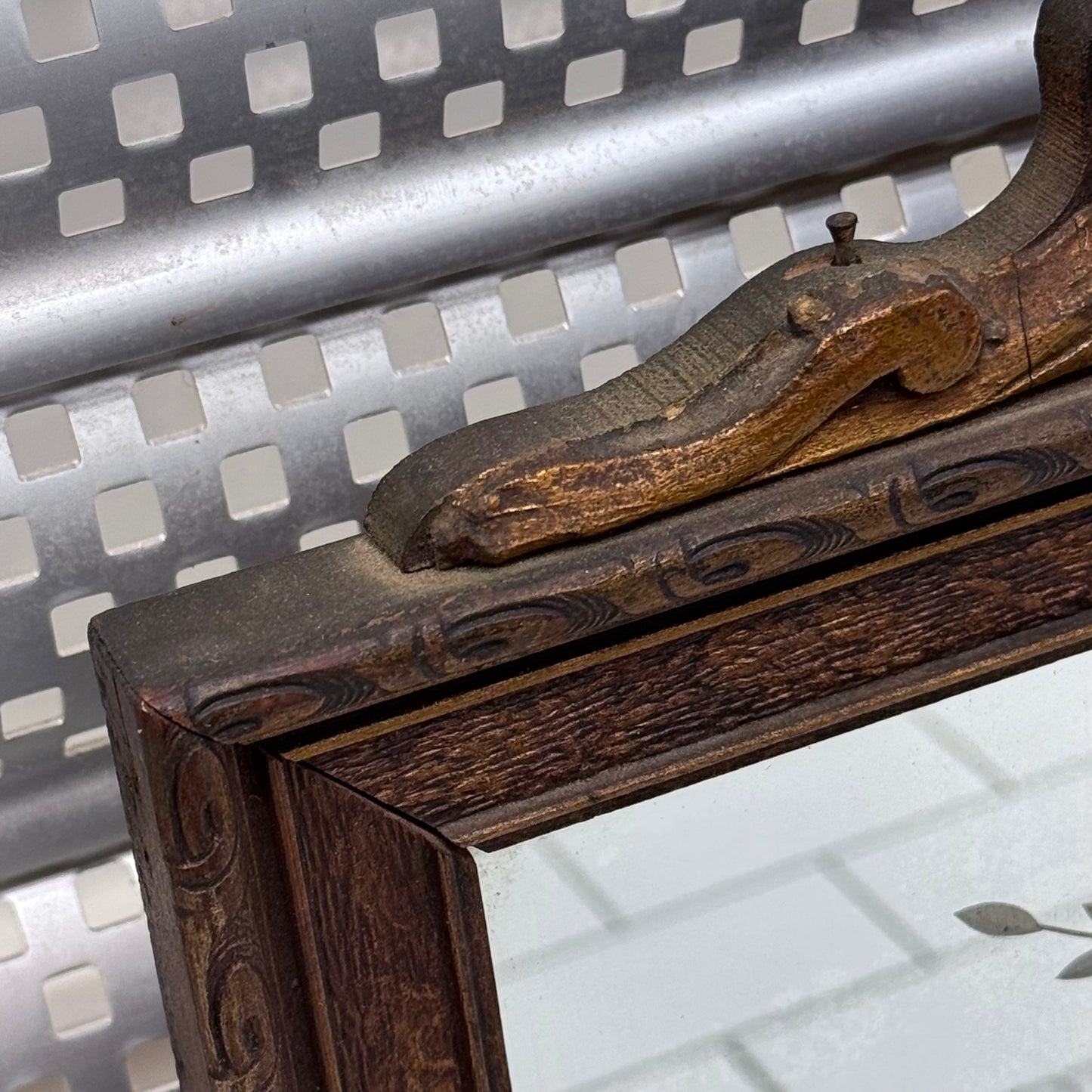 Colonial Revival Etched Glass Wood Wall Mirror 1940s