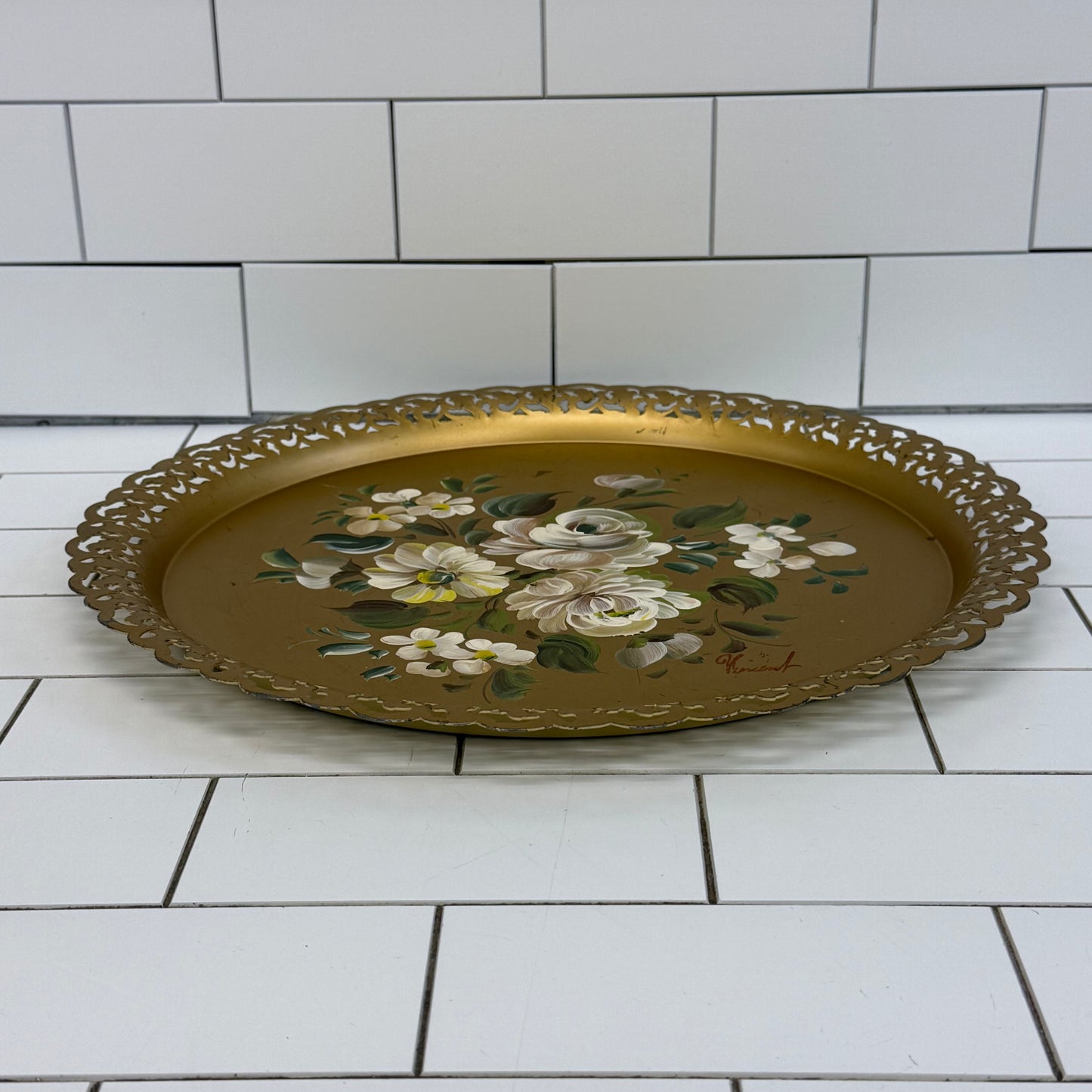 Vintage Nashco Hand Painted Floral Toleware Metal Tray 15”