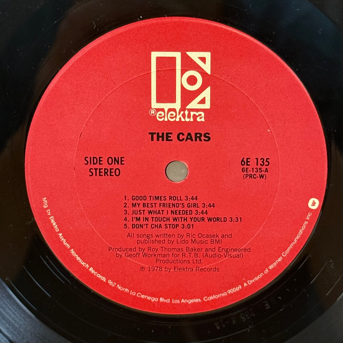 The Cars Self-Titled Vinyl Record, 1978 – Elektra 6E-135 PRC-W LP
