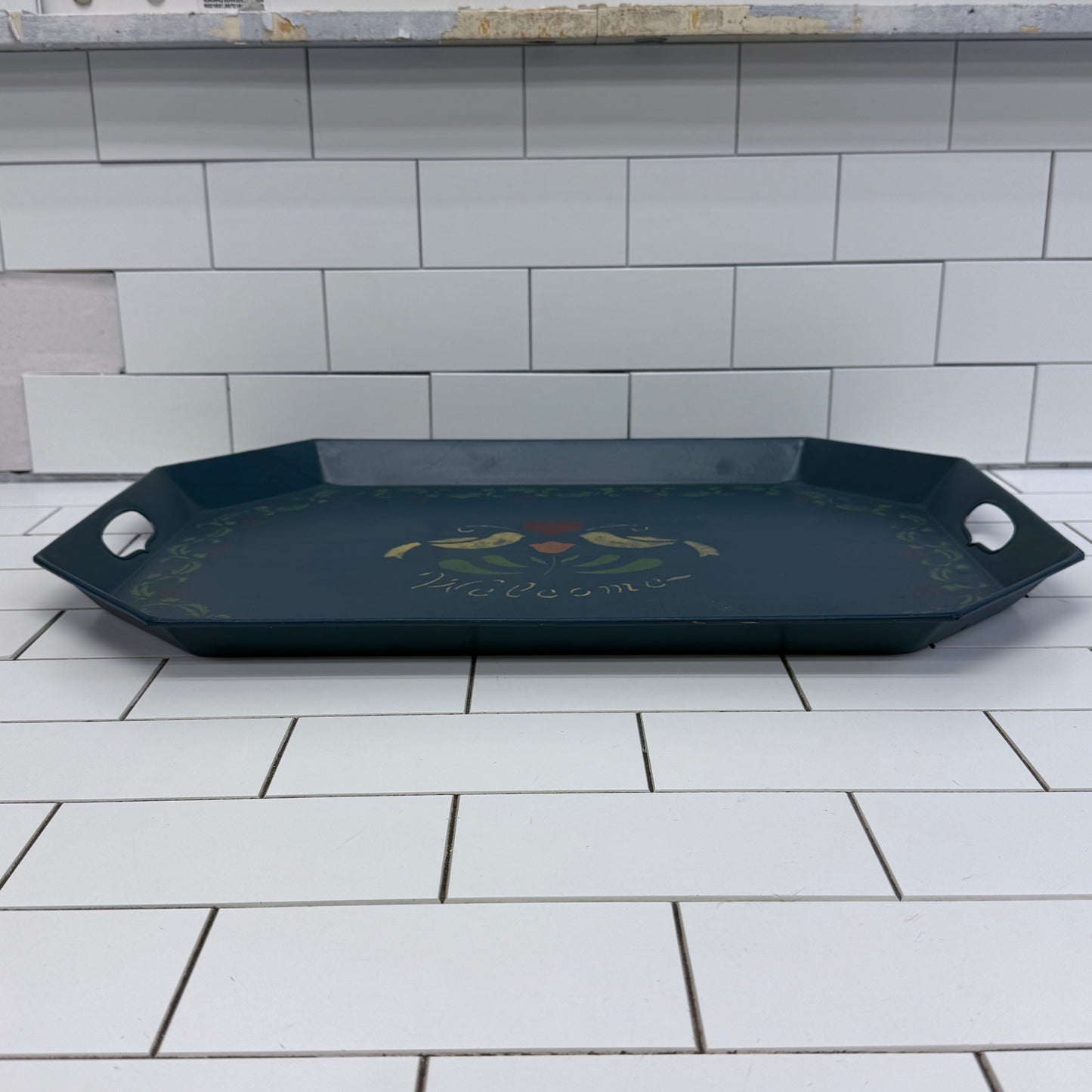 Vintage Folk Art Toleware Serving Tray Signed 1985