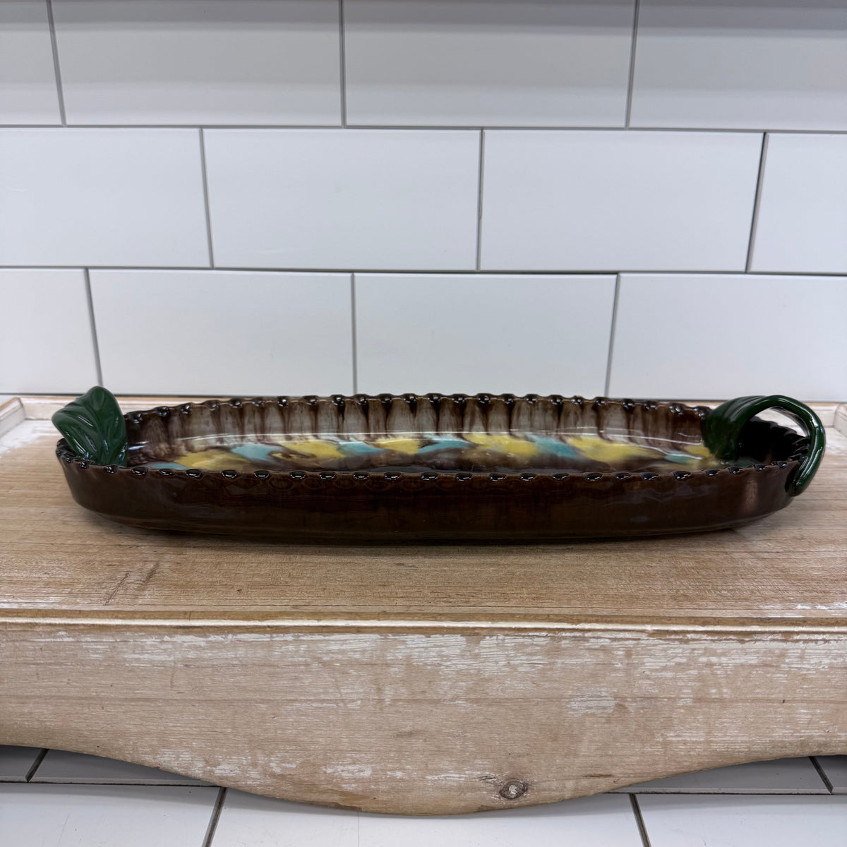 Austrian Art Pottery Drip Glaze Oval Tray Leaf Handles