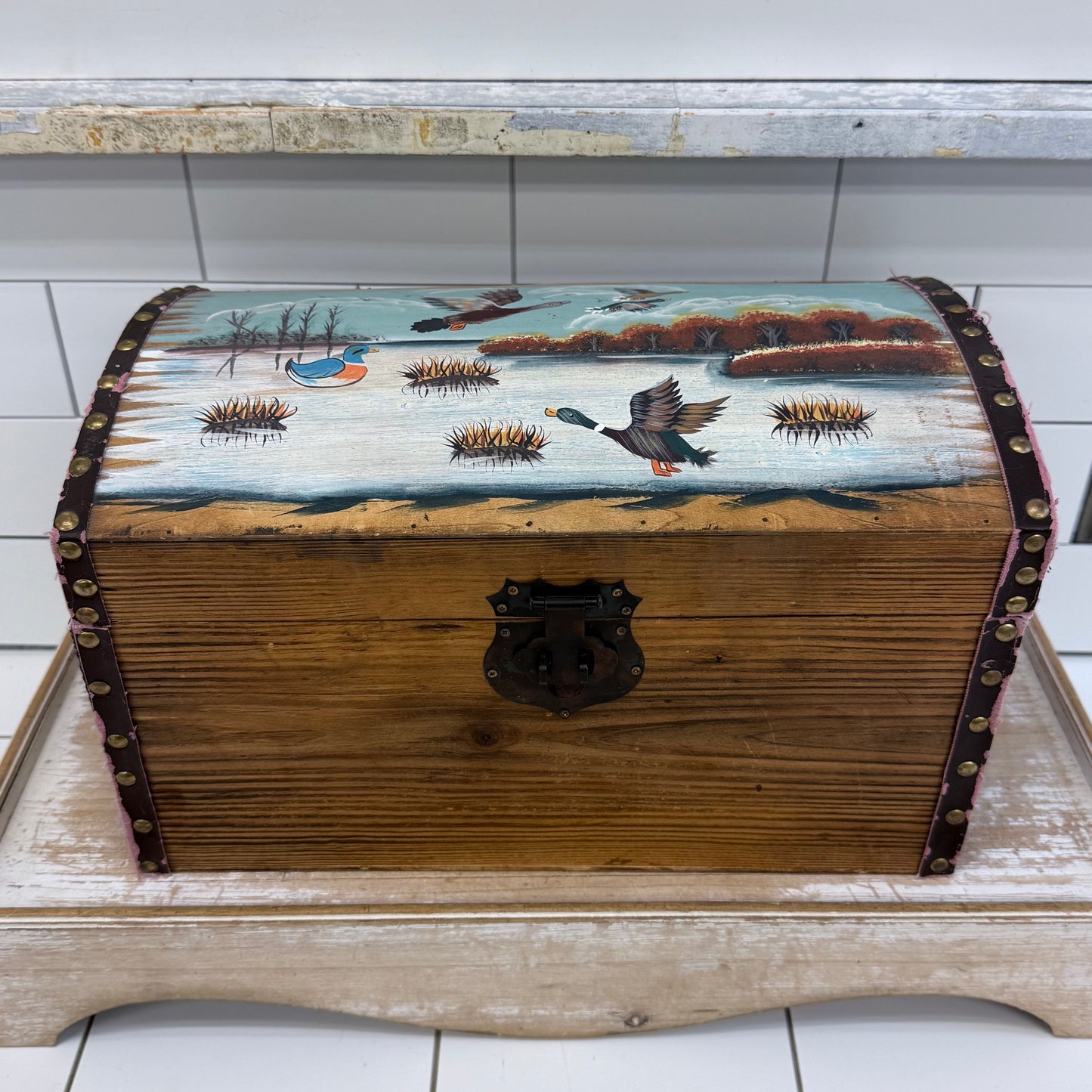 Hand Painted Duck Hunting Wooden Treasure Chest Storage Box Rustic