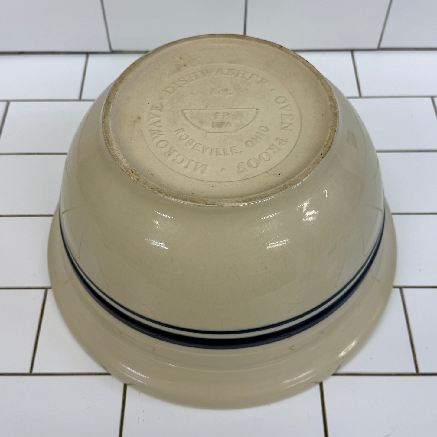 Friendship Pottery Roseville Ohio Blue Band Stoneware Mixing Bowl