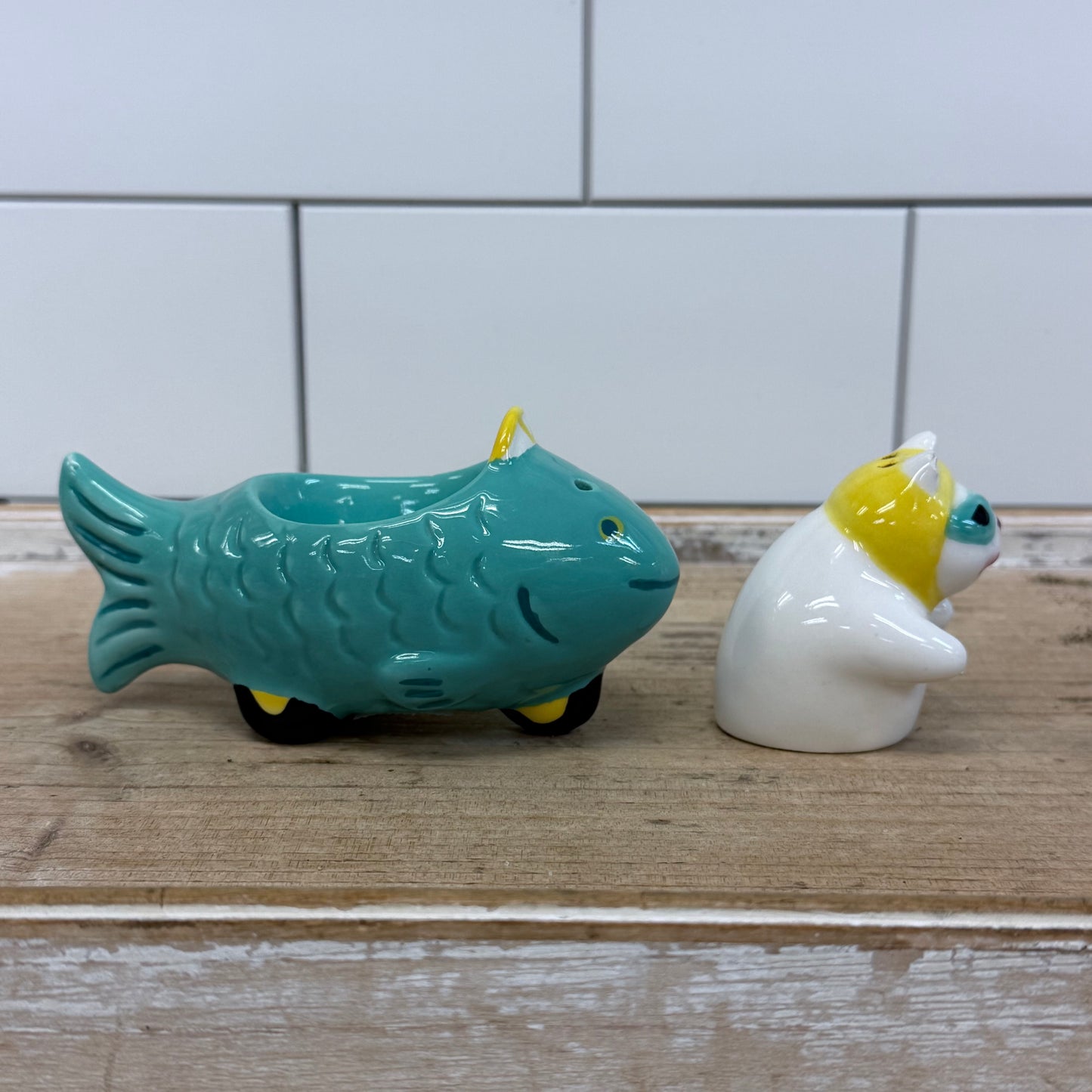 Clay Art Cat Driving Fish Car Salt & Pepper Shakers 1990s Ceramic