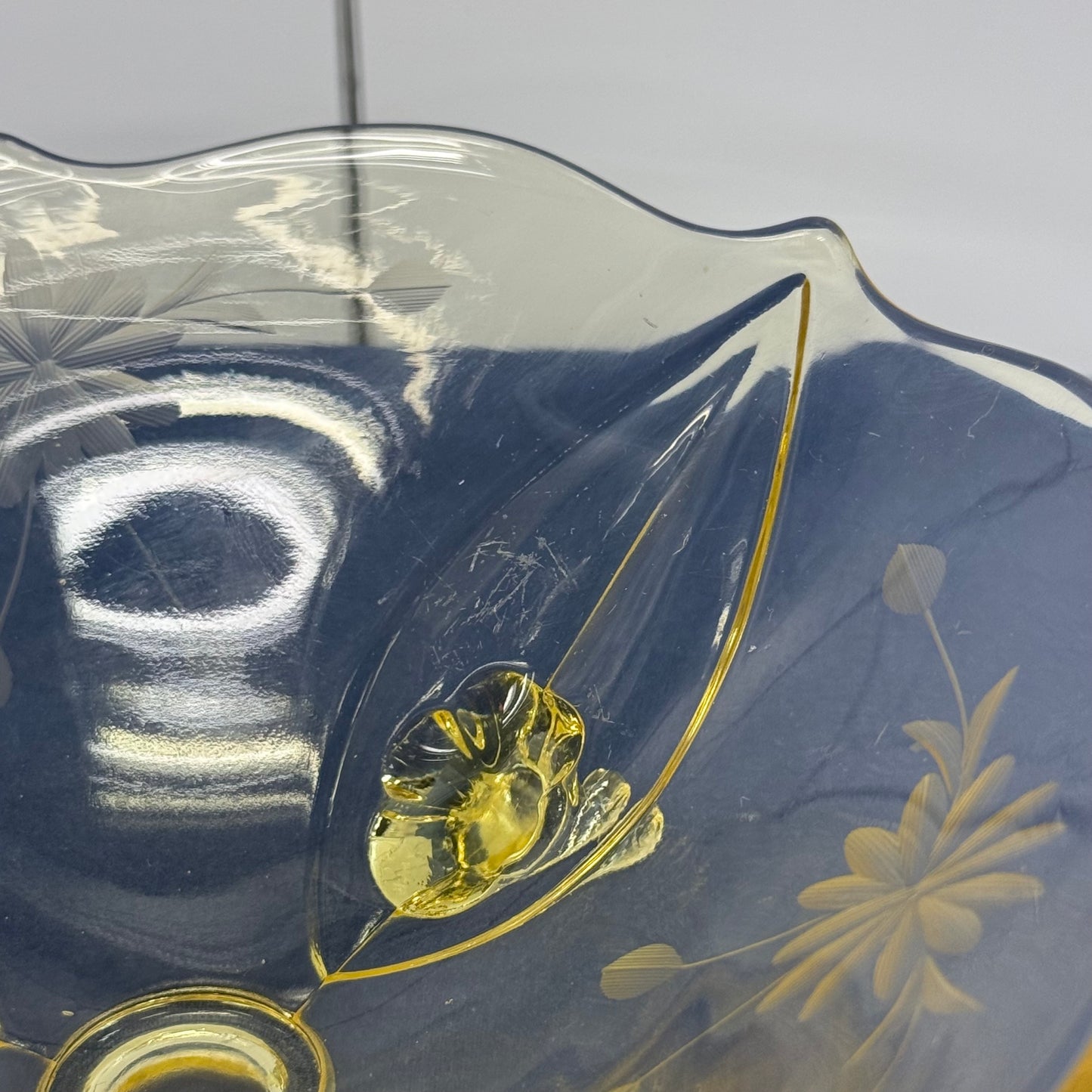 Lancaster Jubilee Amber Etched Floral Tripod Glass Bowl 1930s