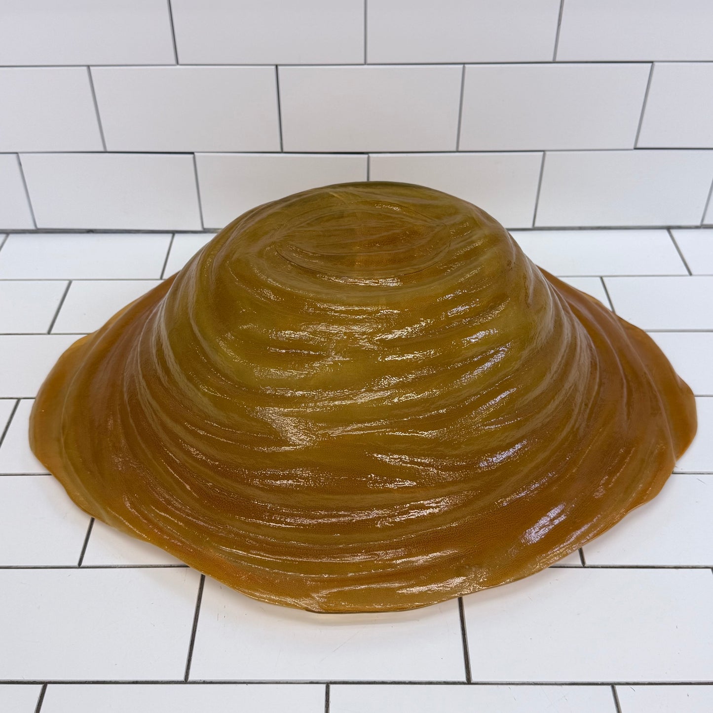 Hand Blown Studio Art Glass Centerpiece Bowl Amber Swirl