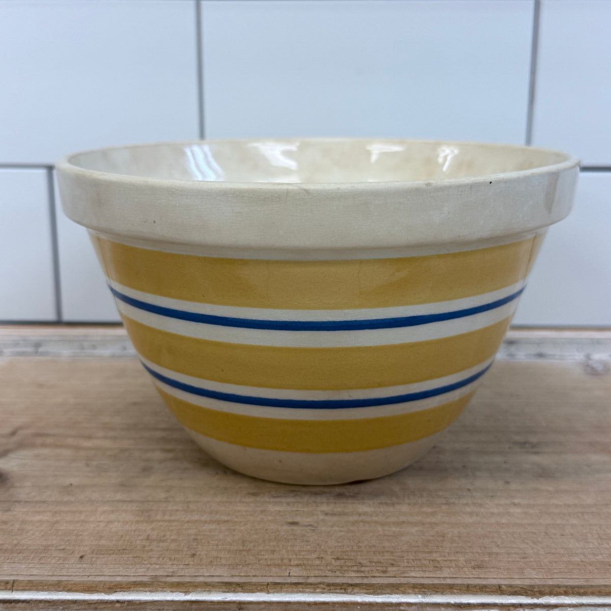 English Yellow & Blue Stripe Earthenware Mixing Bowl 1940s