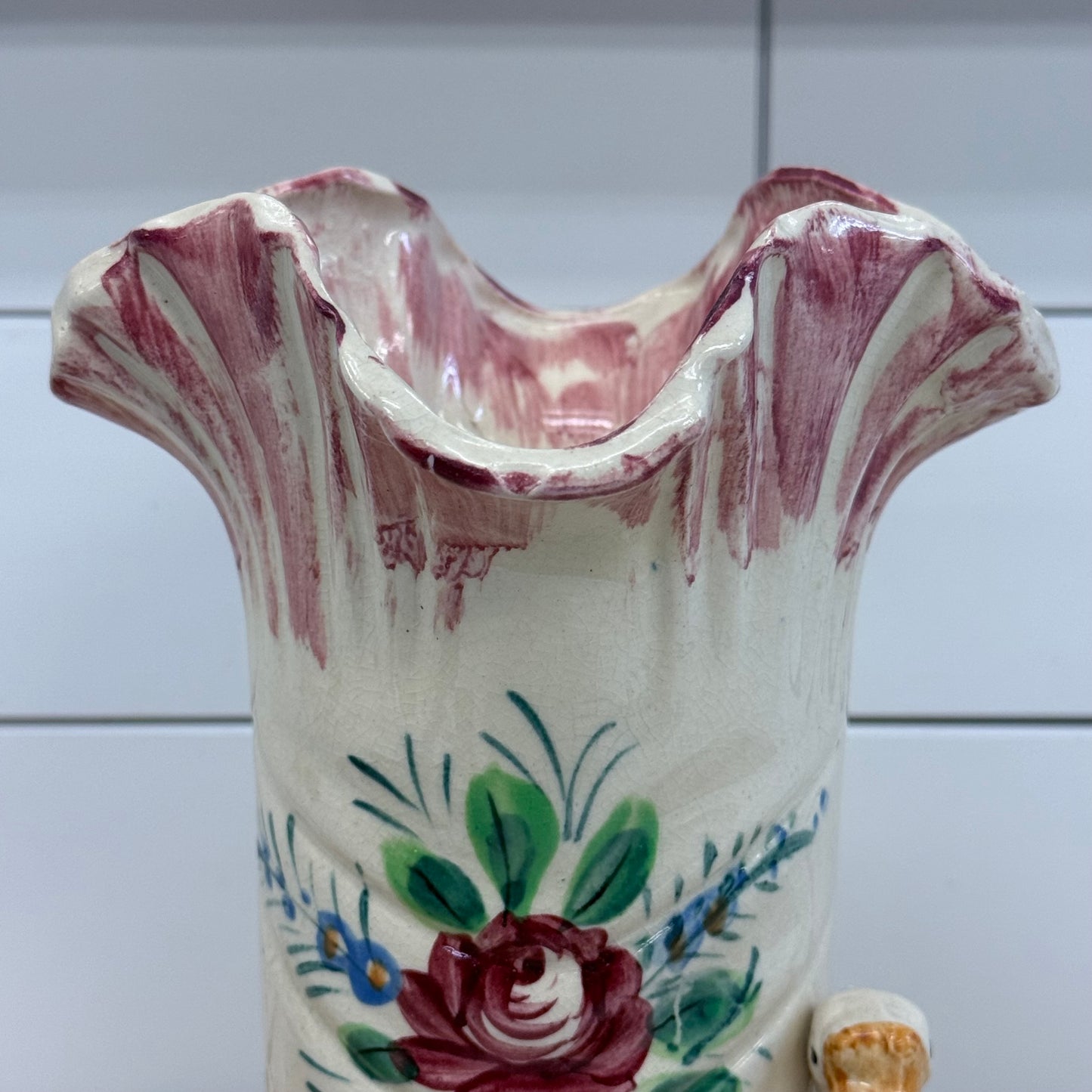 Japanese Figural Geese Floral Ceramic Vase 1950s