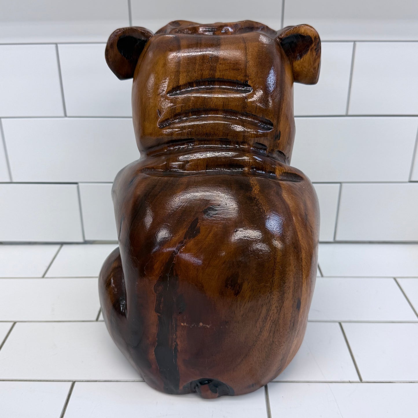Hand Carved Wooden Bulldog Statue Vintage Hardwood 11”