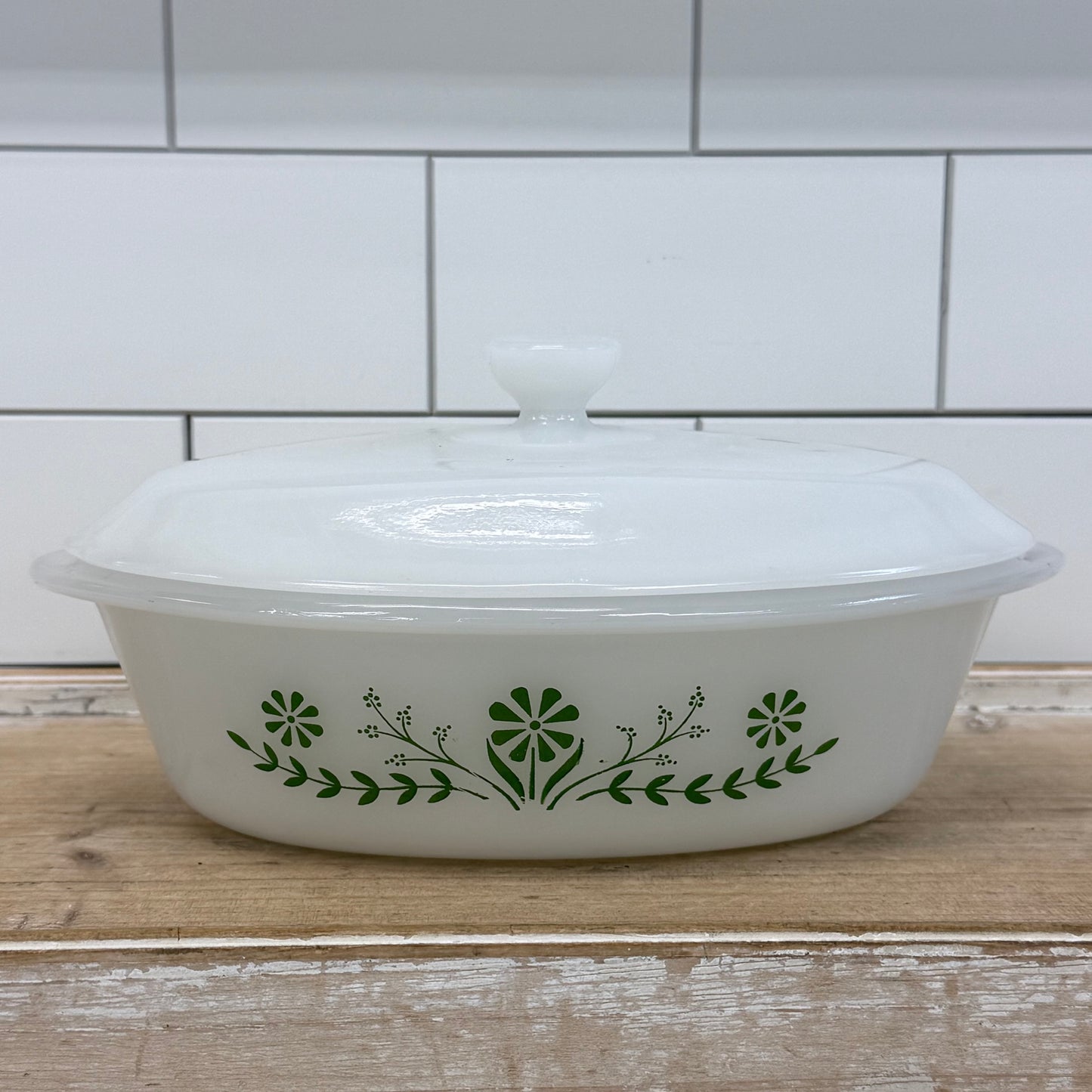 Glasbake Green Daisy Milk Glass Casserole Dishes Set of 2