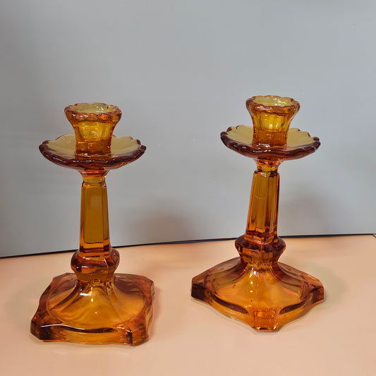 Vintage S Reich & Co Viktoria Amber Candlestick Holders, Set of 2