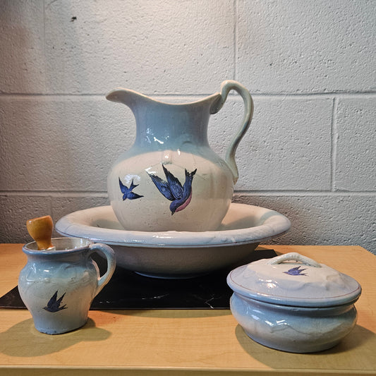 Vintage Hand Painted Stoneware Basin Set, 4 Piece