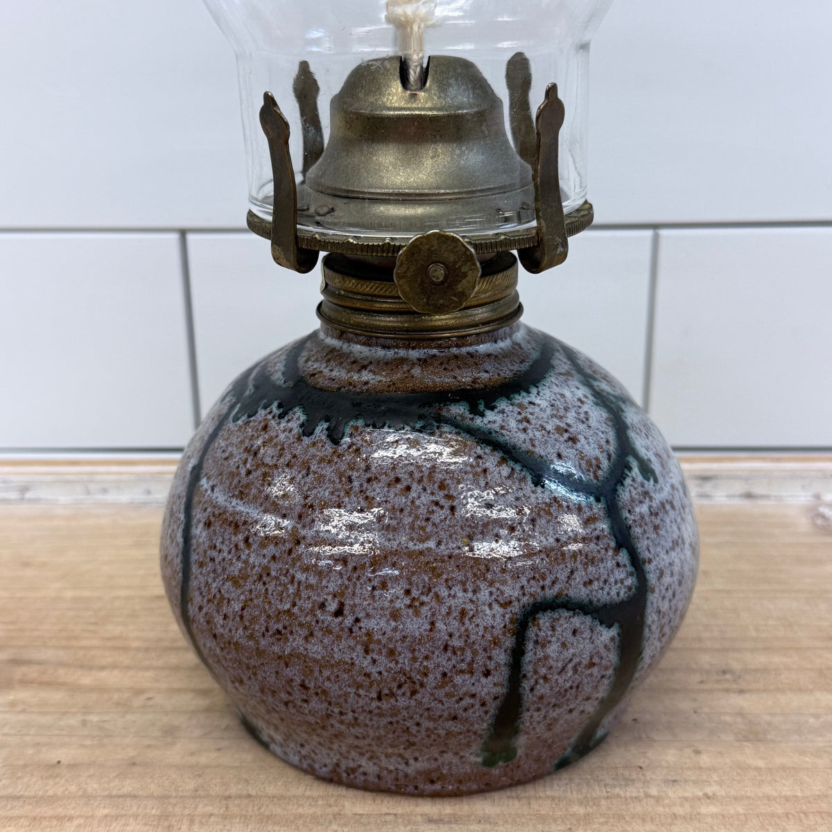 Stoneware Oil Lamp with Chimney Rustic Cottage Decor