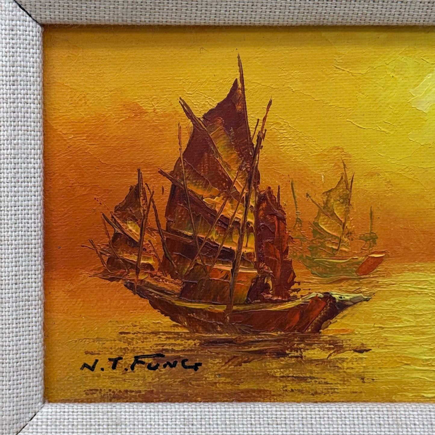 Sunset Junk Ships Original Oil Painting, Signed N.T. Fung