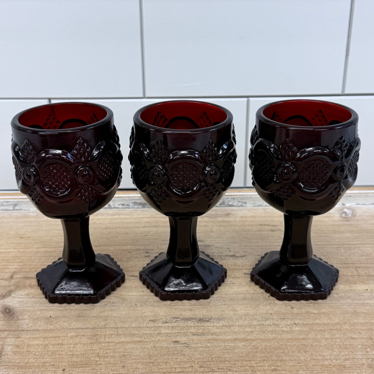 Avon Cape Cod Ruby Red Glass Wine Glasses & Sugar Bowl Set