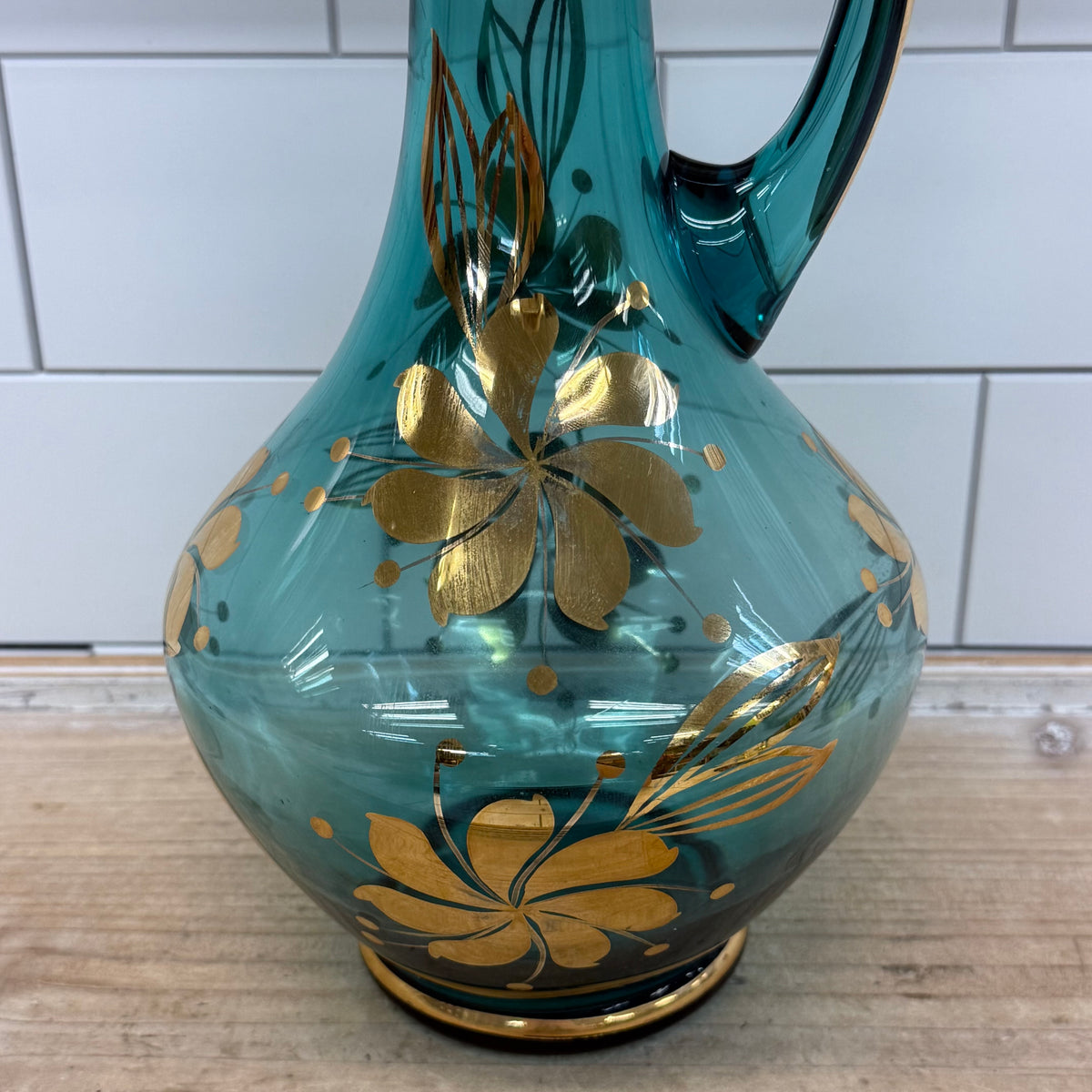 Italian Blue Glass Decanter & 6 Goblets Gold Floral Set