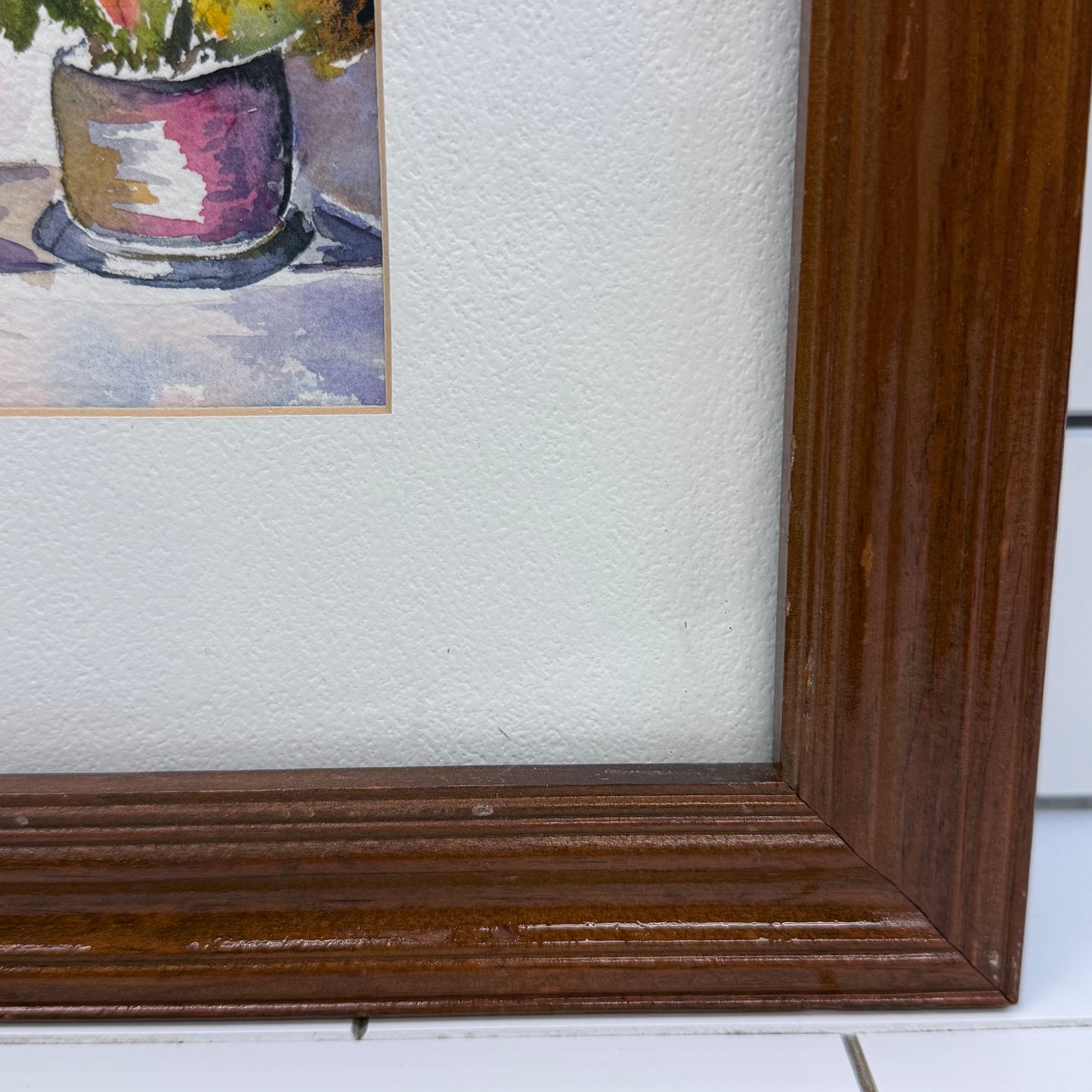Cat on Steps Original Watercolor Signed Joann Florey Framed Art