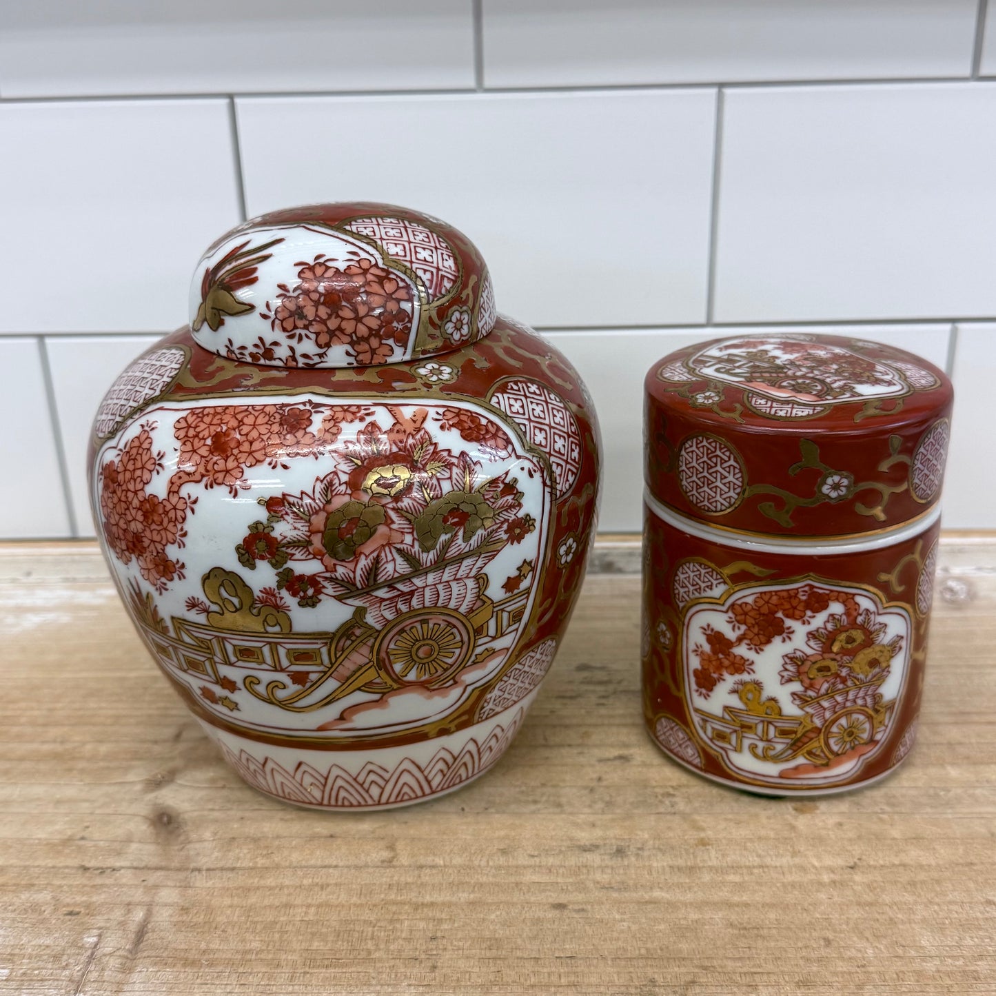 Gold Imari Hand Painted Porcelain Ginger & Tea Jars Set