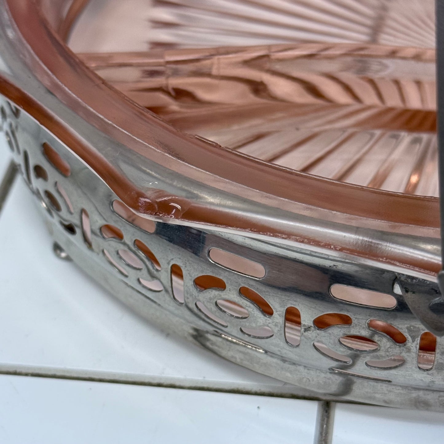 Pink Depression Glass Divided Relish Tray Carrier