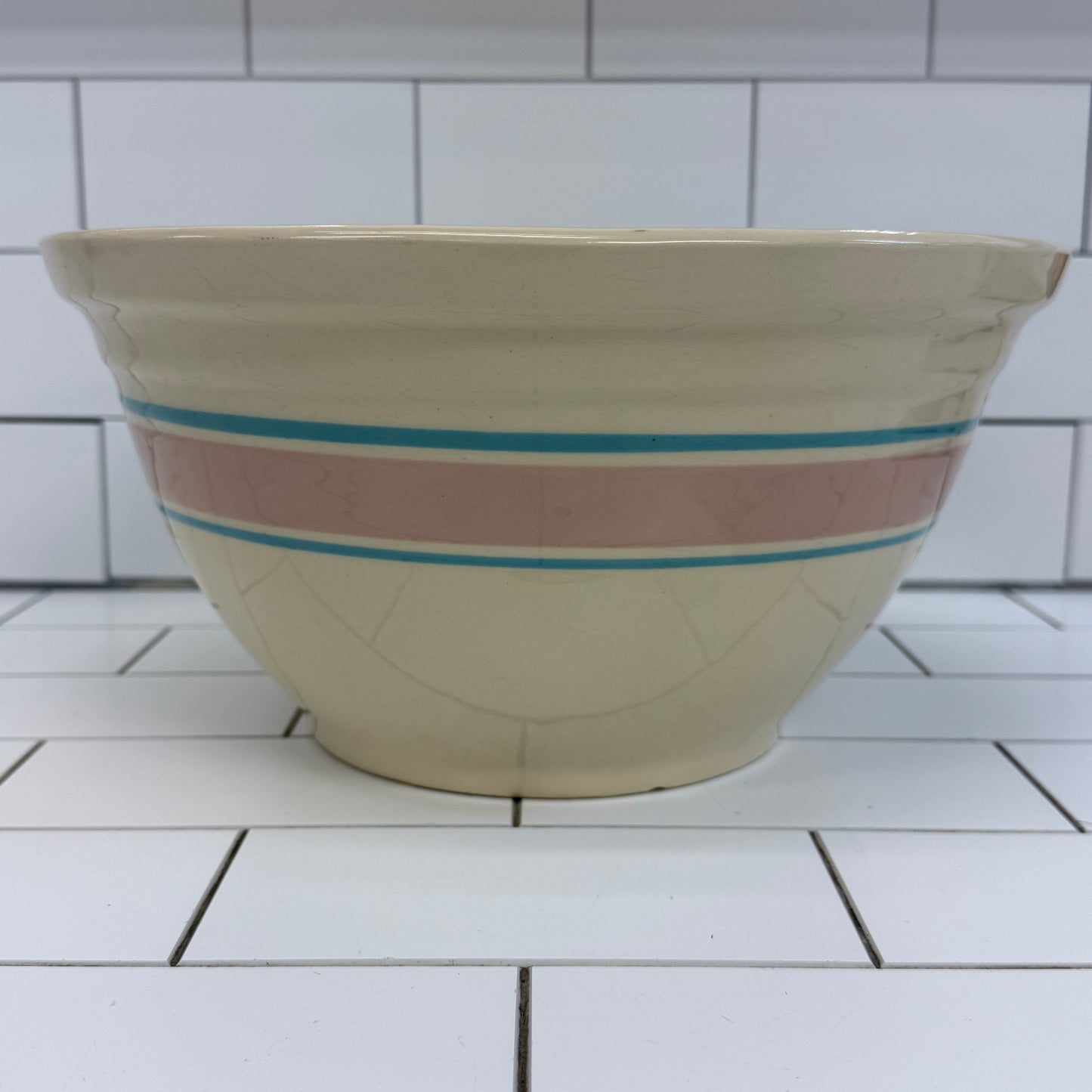 USA Pottery Mixing Bowl Pink Blue Bands Ovenware 1940s