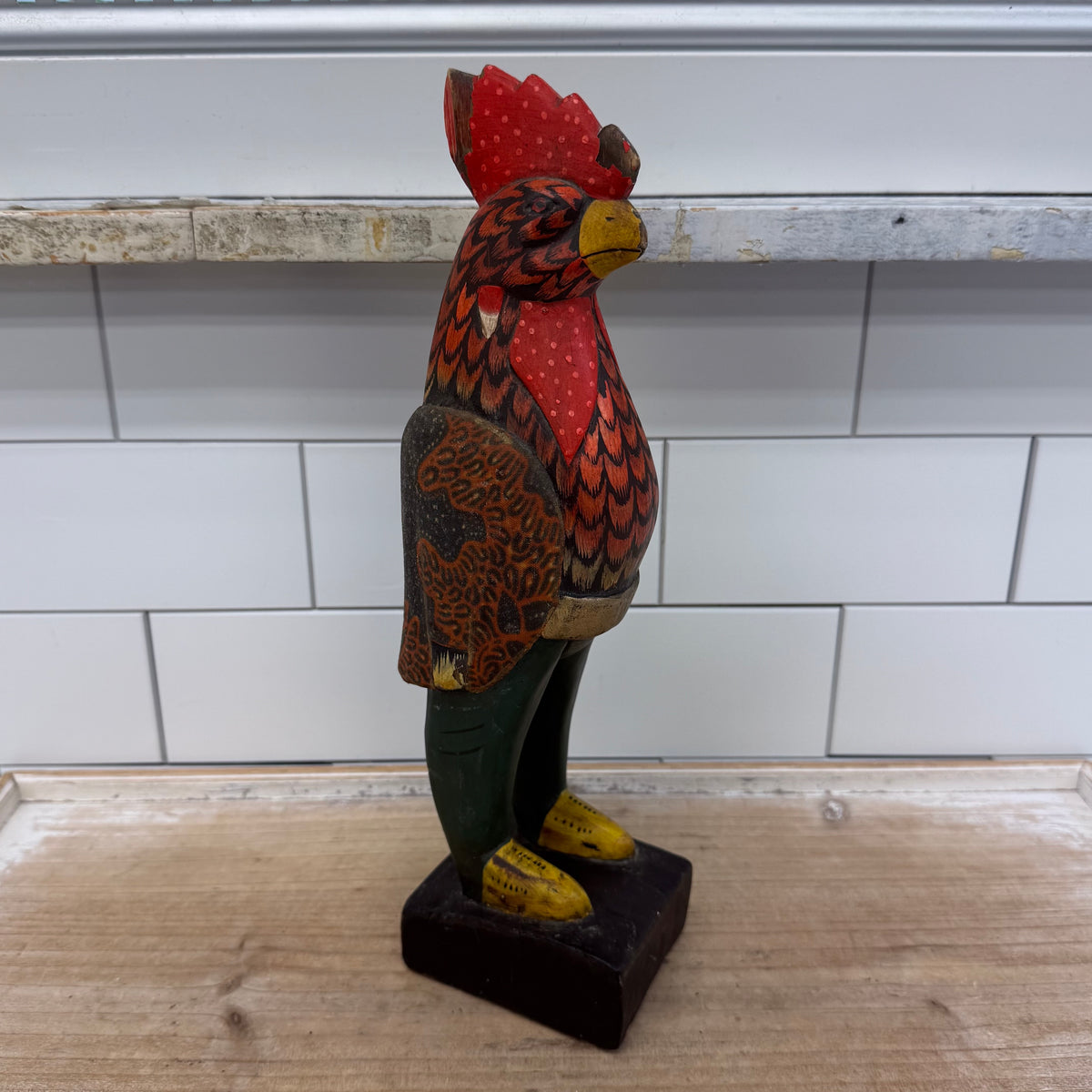 Hand Painted Wood Rooster Folk Art Sculpture