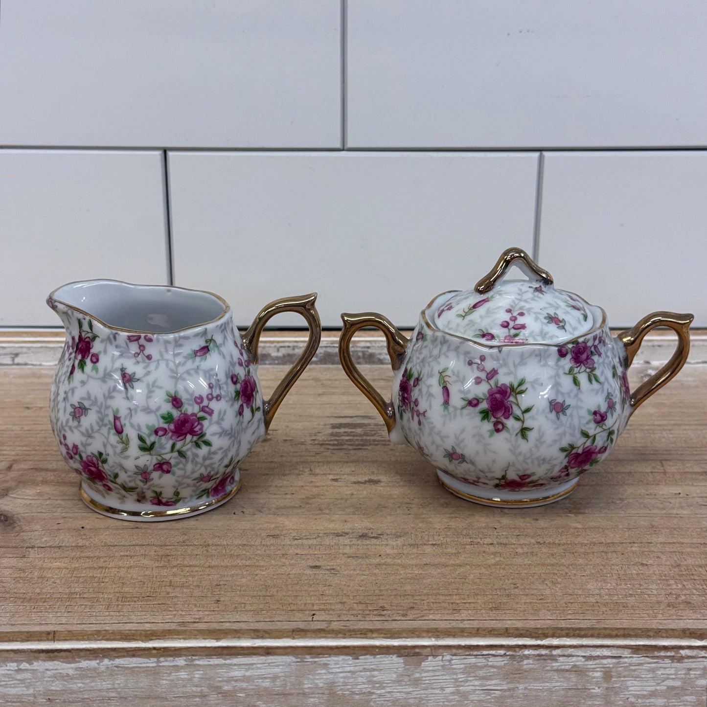 INARCO Rose Chintz Creamer & Sugar Bowl Set 1960s