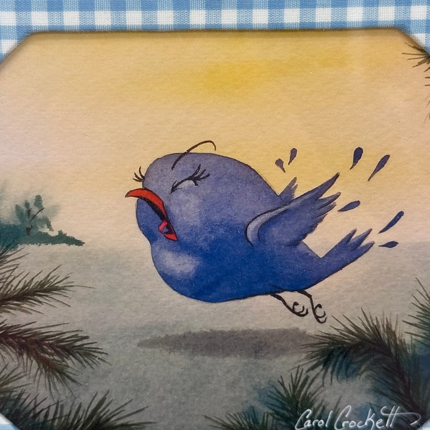 Carol Crockett Signed Art Print Blue Bird Farmhouse Decor 1990s