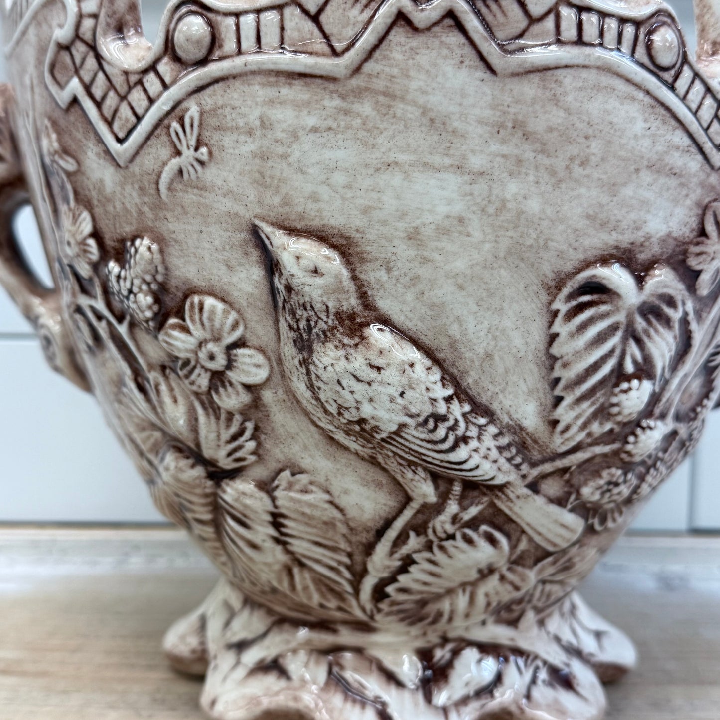 Relief Detailed Bird  Planter, Signed 1980