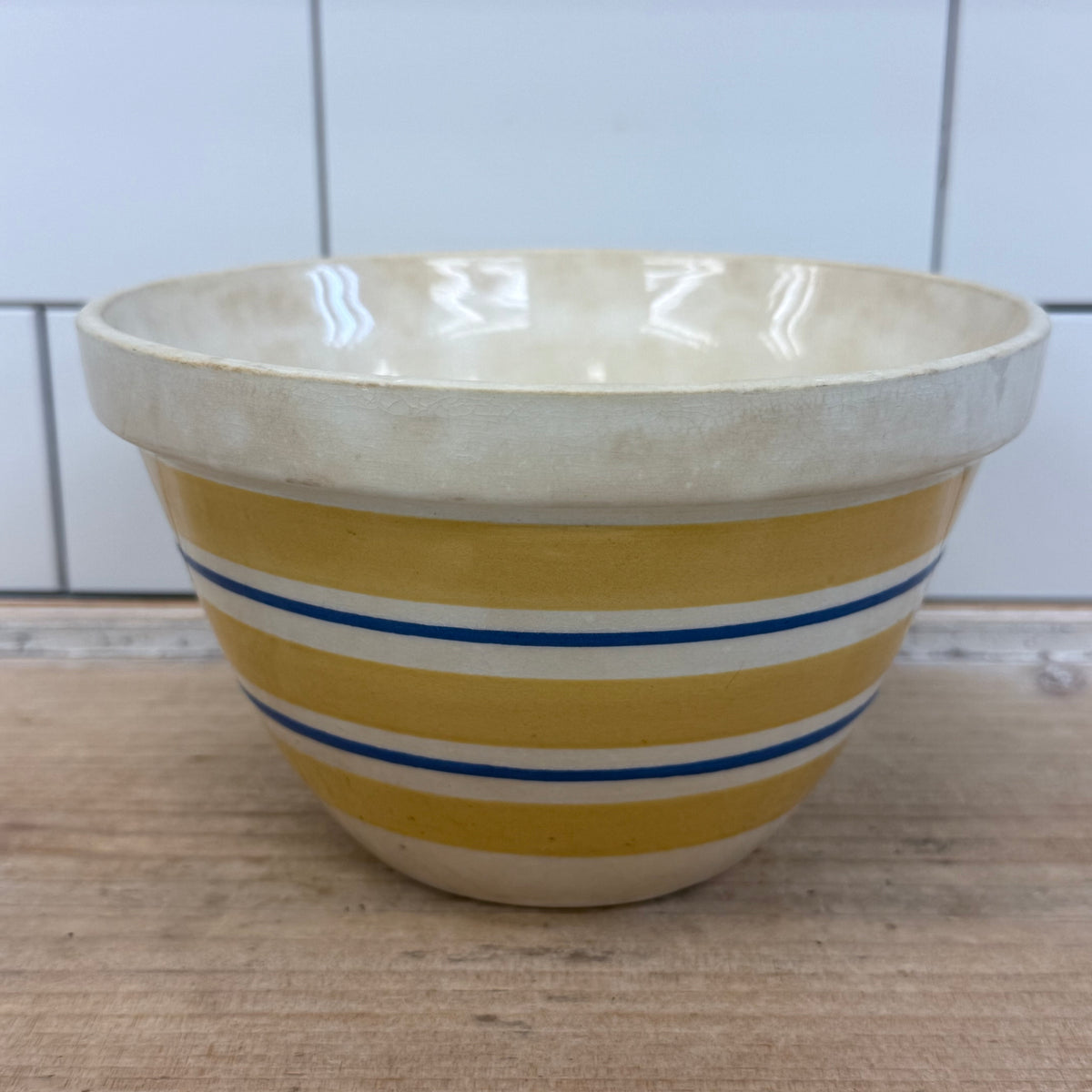 English Yellow & Blue Stripe Earthenware Mixing Bowl 1940s