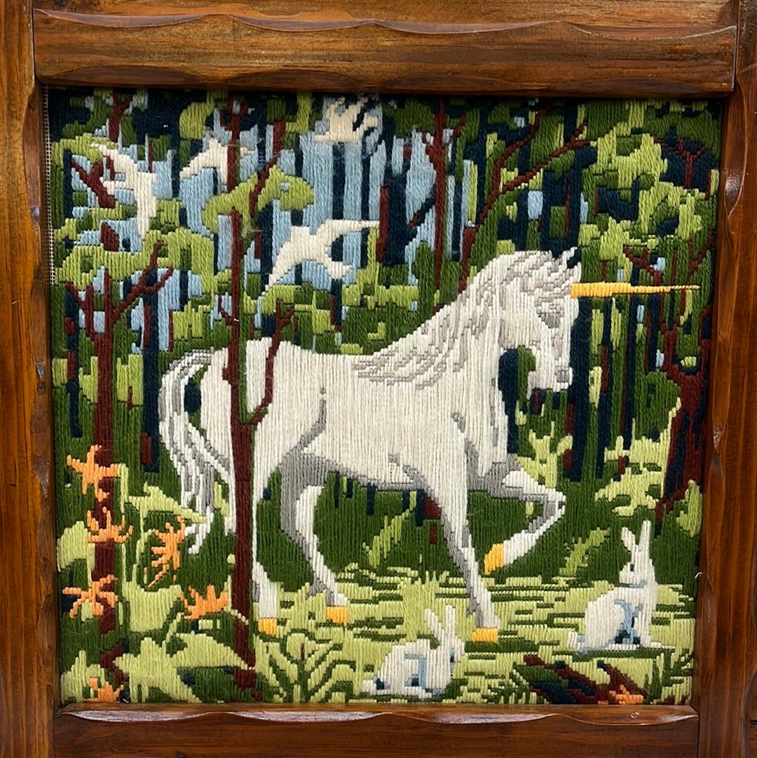 Needlepoint “Forest Unicorn” Framed & Signed, 1982