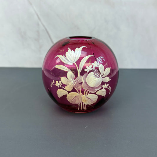 Hand Painted Floral Cranberry Glass Ball Vase