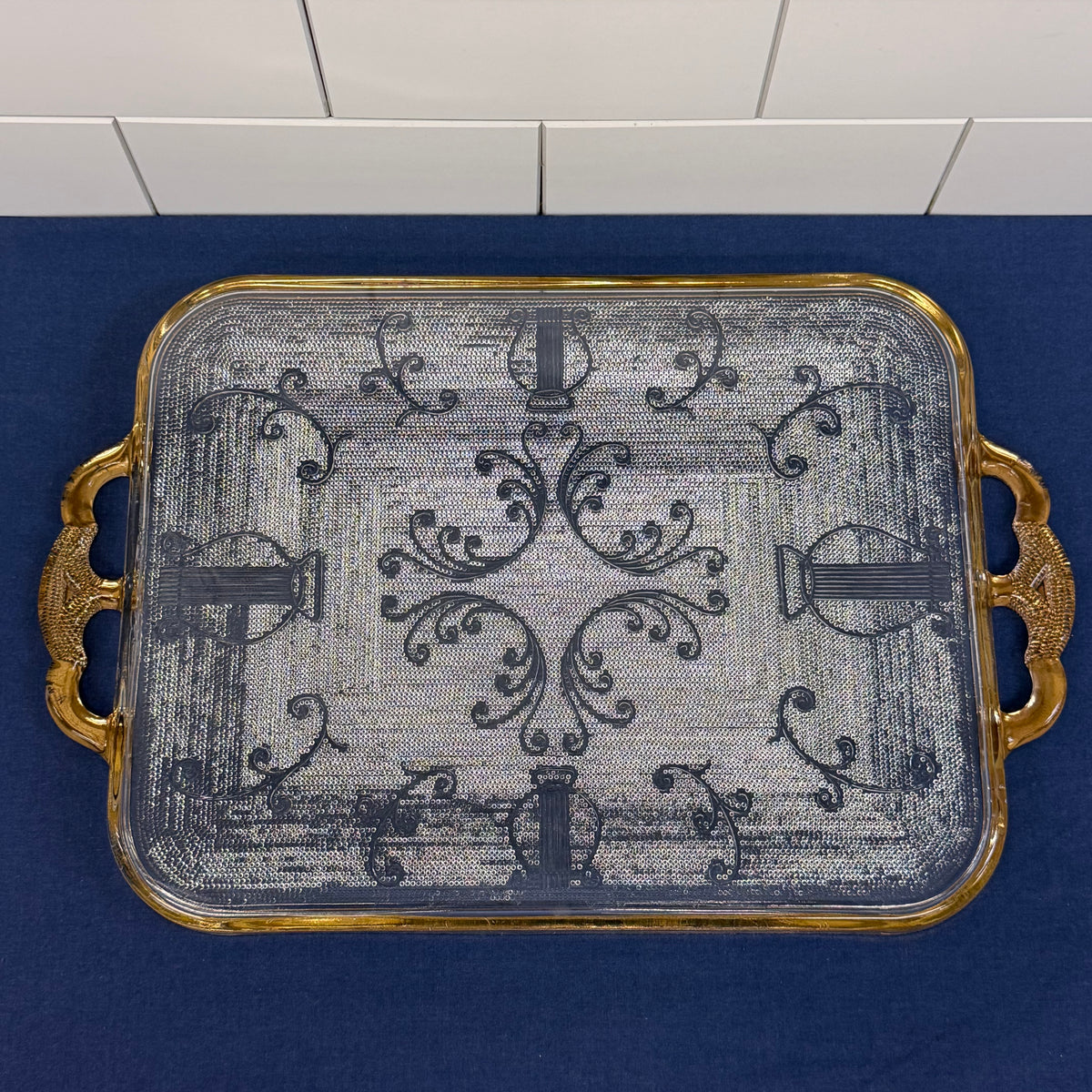Jeannette Harp Lyre Serving Tray Gold-Trimmed Glass 1950s