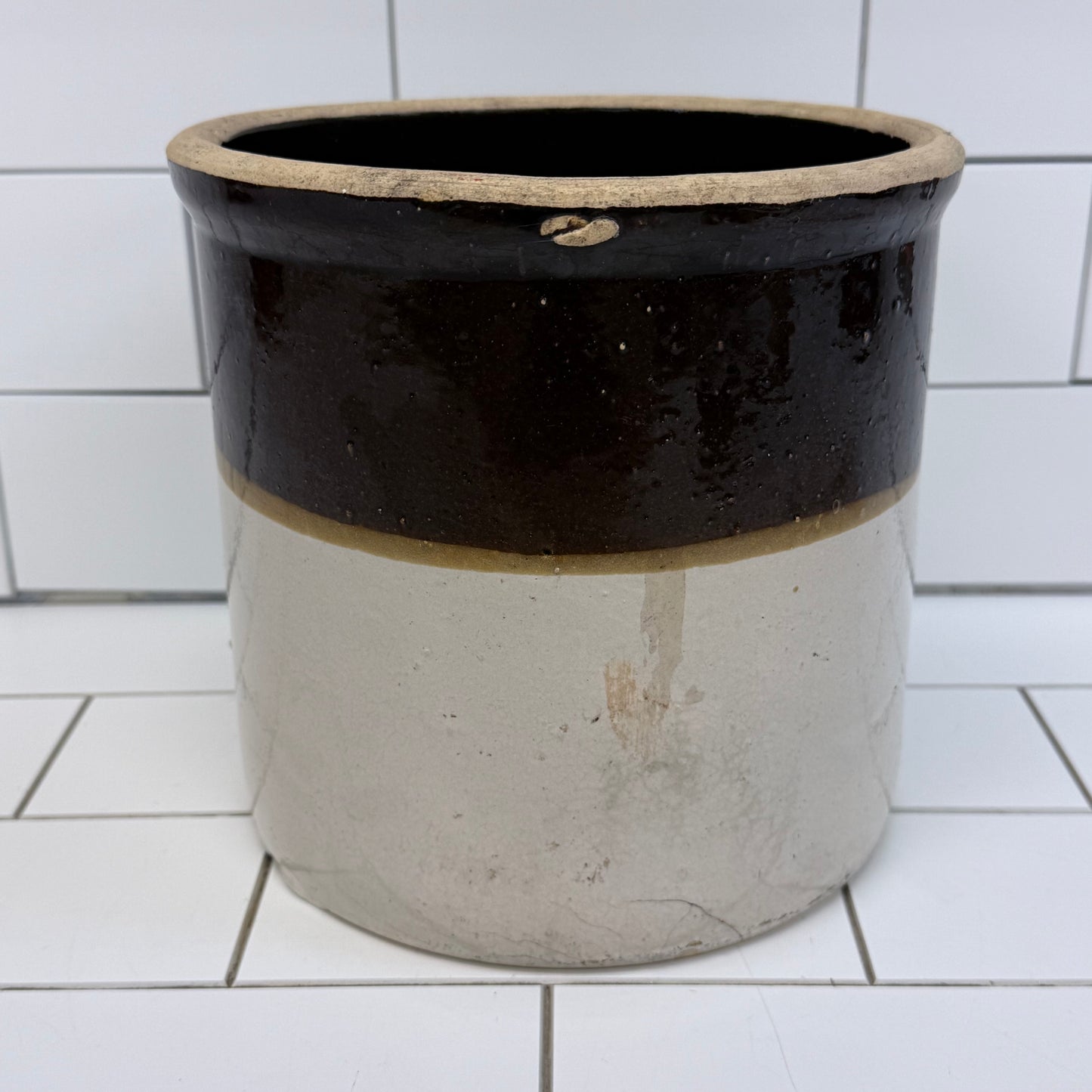 Vintage Two-Tone Glazed Stoneware Crock 1940s-1950s
