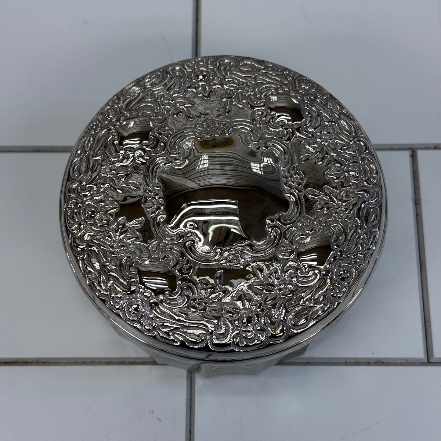 Glass Powder Jar, Silverplated Repoussé Lid