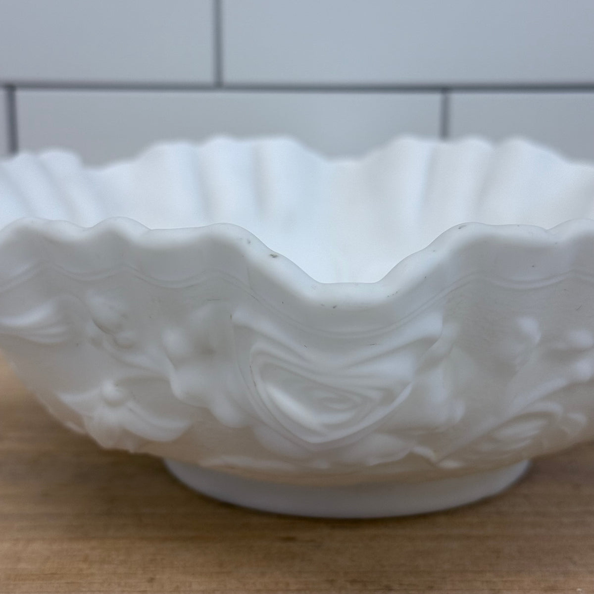 White Milk Glass Rose Bowl with Ruffled Rim