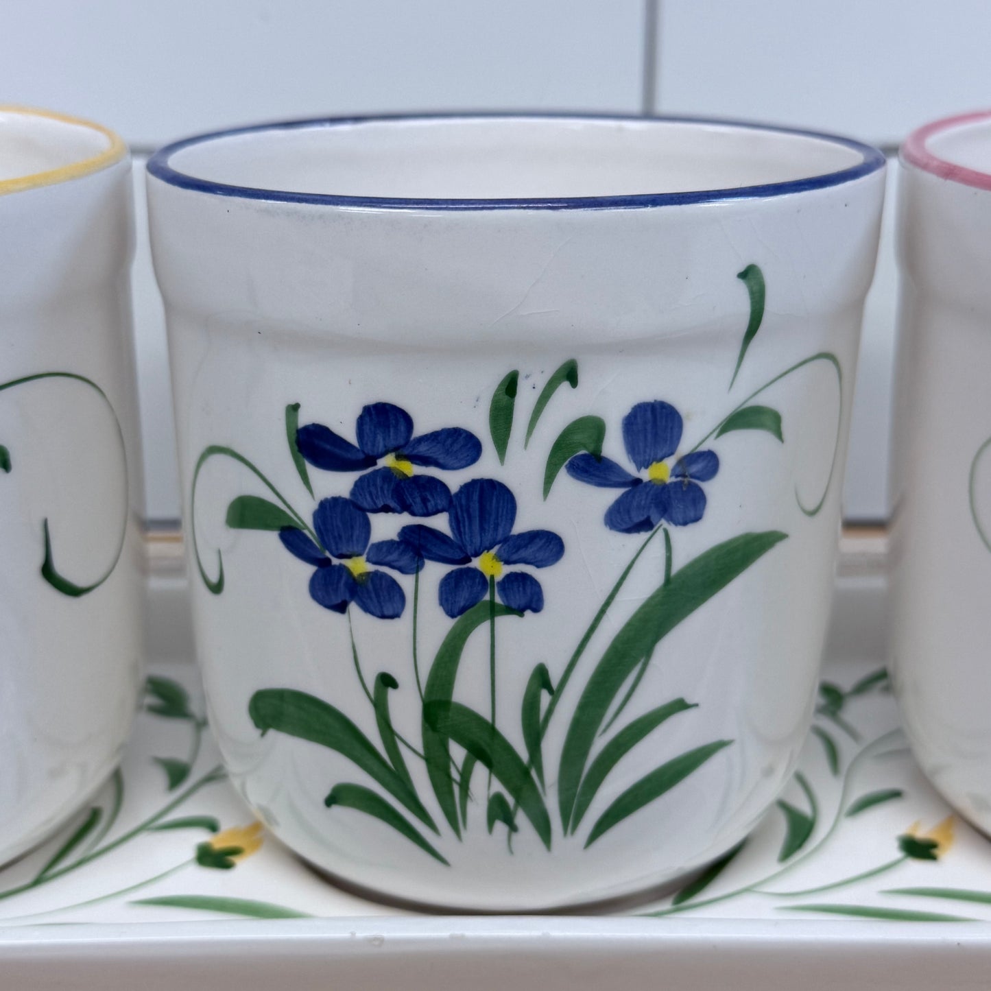 Hand Painted Floral Planter Pots & Tray Set Ceramic Garden Decor
